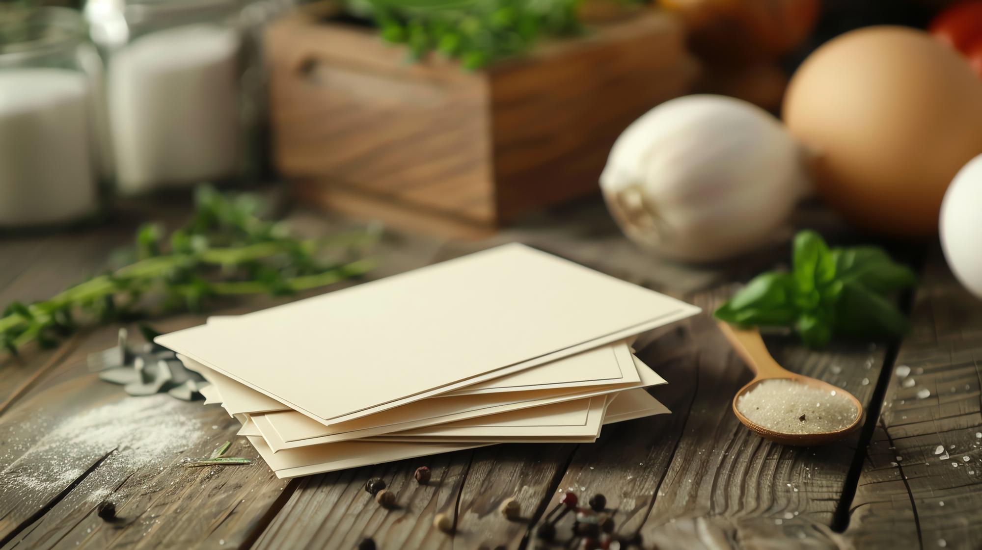 Stacked recipe folders and papers